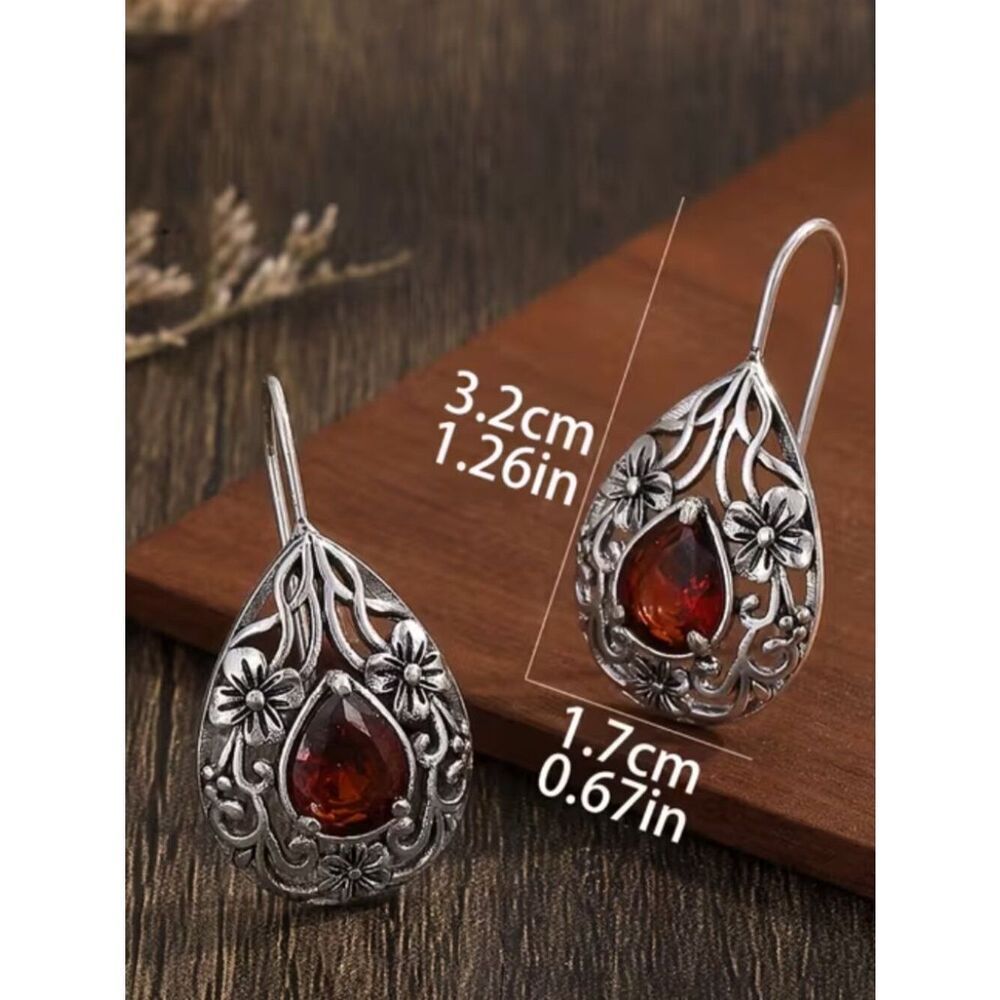 Ruby Vintage-Inspired Bohemian Filigree Earrings Hollowed Floral Design Teardrop - Picture 4 of 4